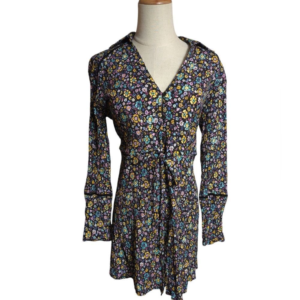 Zara Black Floral Collared Long Sleeve Mini Dress